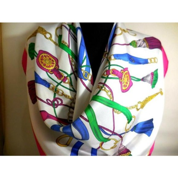 Celine Blue Pink Green Silk Equestrian Print Scarf - Picture 4 of 6